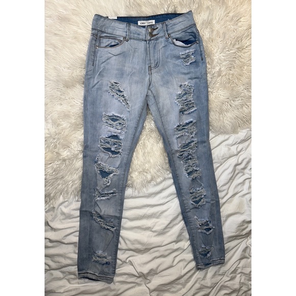 Almost Famous | Distressed Light Wash Low Rise Double Button Skinny Jean Jegging - Picture 2 of 11